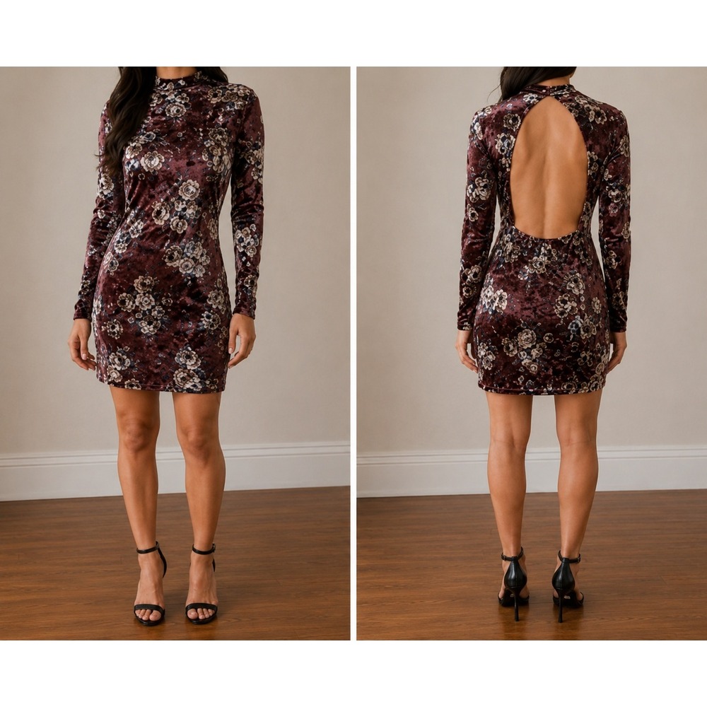 Y2K Brown Velvet Dark Floral Bodycon Dress Women Large‎ Open Back Mini Going Out